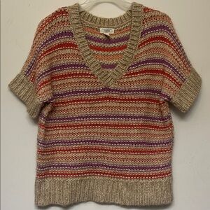 Lands' End V-Neck Sweater in Red and Purple Stripes
